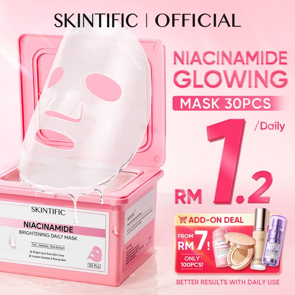 [TOP SELLER]SKINTIFIC Niacinamide Brightening Mask Face Daily Mask Centella 10-minute daily brightening sheet mask 30pcs