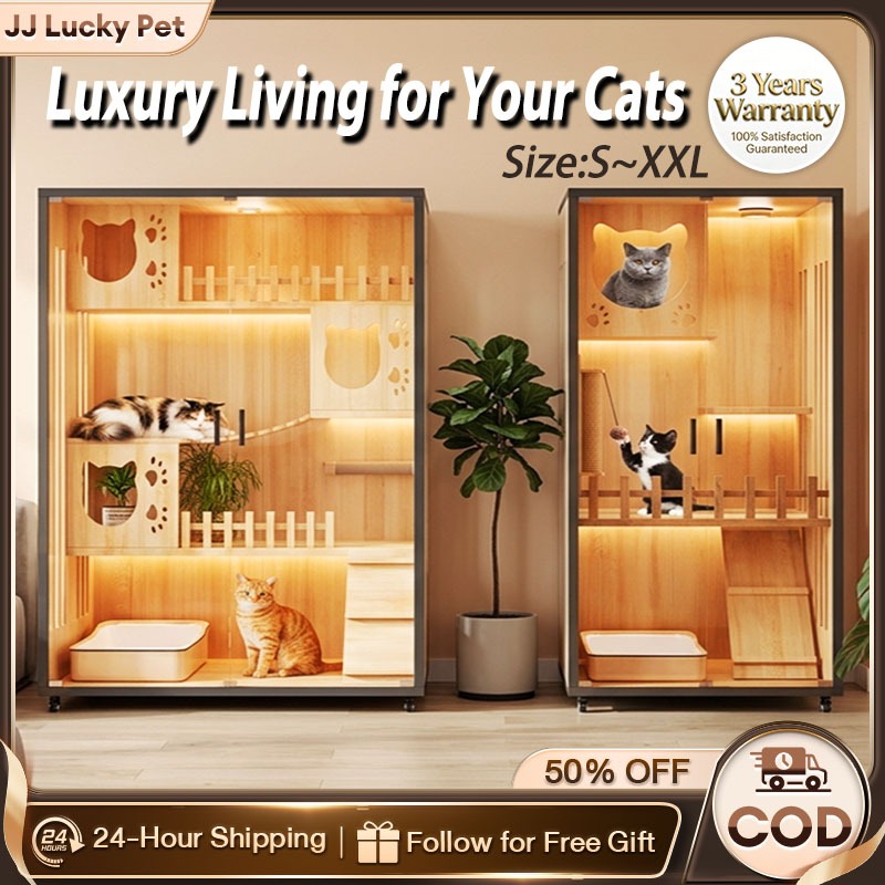 Cat cage luxury Cat Villa Packaging Upgrade Cat house wooden glass door with light 豪华猫别墅