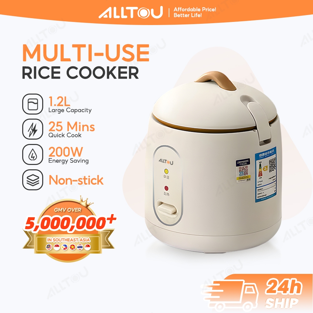 ALLTOU Mini Rice Cooker with Steamer 1.2L Non Stick Periuk Cooking Pot for Student Dormitory Office
