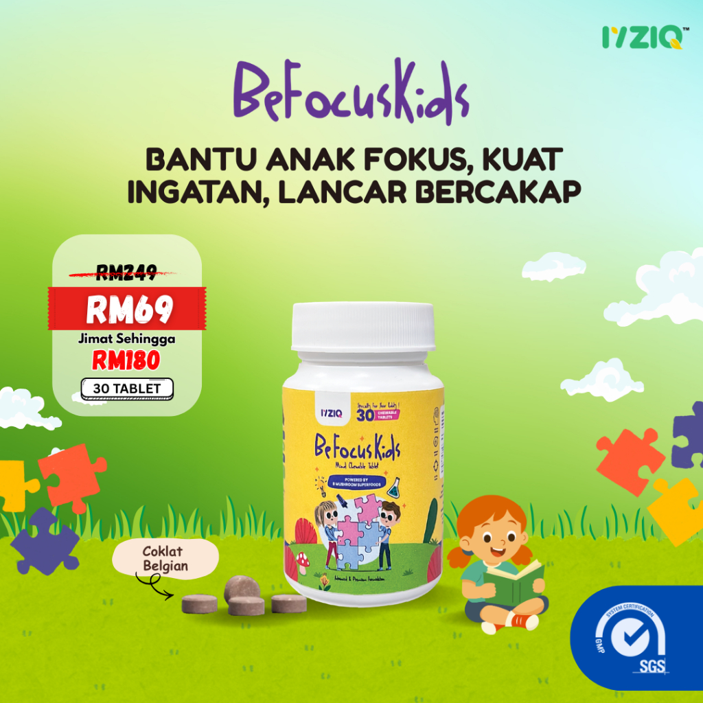 Iyziq Befocuskids | Mind Chewable Tablet | 30 Tablet | Bantu Memori, Lebih Bertenaga, Kekal Focus| 8 Cendawan