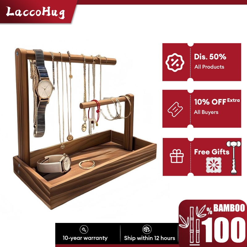 Bamboo Jewelry Display Rack Necklace Bracelet Earrings Storage Rack Rak Barang Kemas Kayu