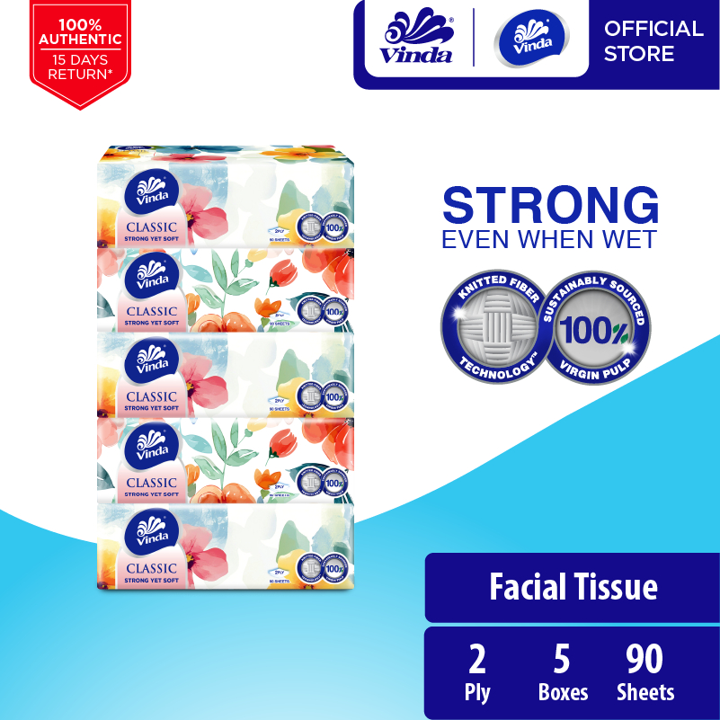 Vinda Classic Box Facial Tissue 2-Ply 5x90s - Strong Yet Soft, Gentle & Safe On Face