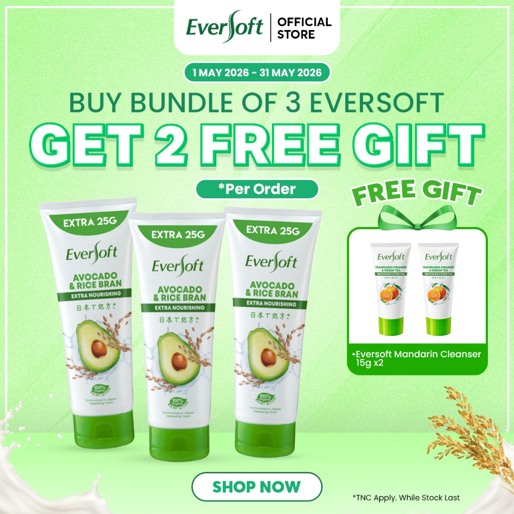[Bundle of 3] Eversoft Avocado Cleanser Foam 195g | Skincare | Organic Plant Actives | Cream | Vitamin E | Softens Skin