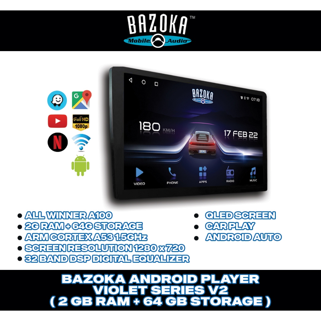 BAZOKA Quad Core Car Multimedia Wifi Android Player (9"/10"/2GB RAM + 64GB ROM)
