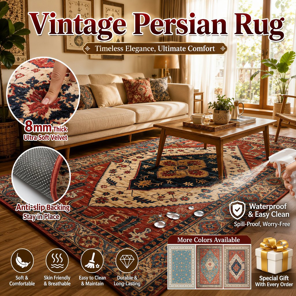 【Price Cut 50%】2026 Persian Retro Crystal Velvet Rug – Waterproof, No-Wash, Full Coverage for Home 客厅地毯