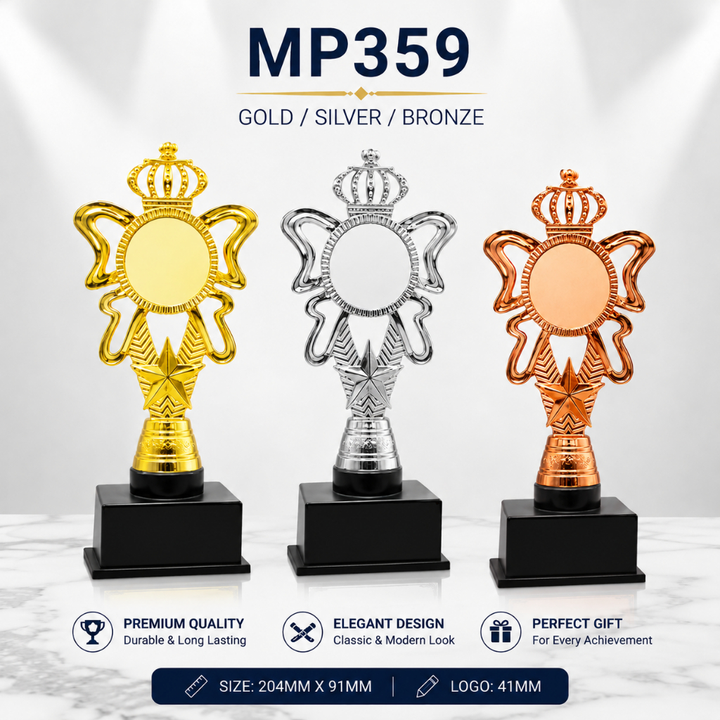 MP359 Premium Crown Trophy Award | Gold Silver Bronze Champion Trophy |Custom Logo Piala Penghargaan