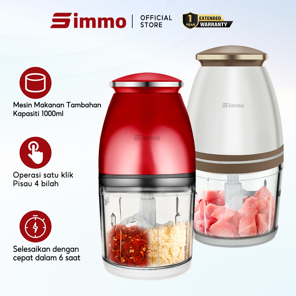 Simmo Electric Meat Grinder Mini Chopper Blender Baby Food Processor 4-Blades Garlic Chilli (1000ml)