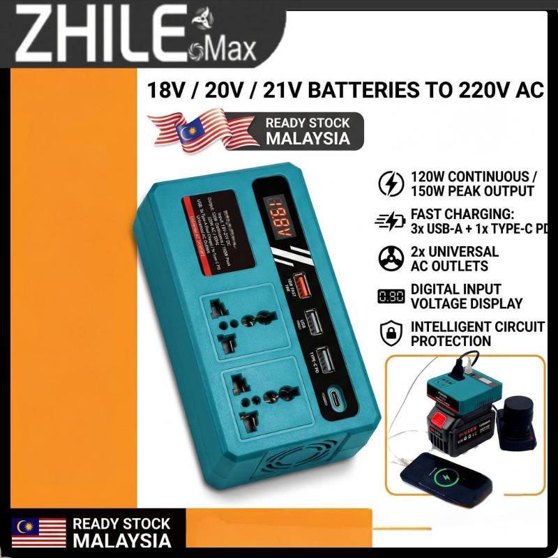 Battery Inverter Power Converter 18V 20V 21V, 220V AC Outlet USB Type C Adapter 120W Small Appliance