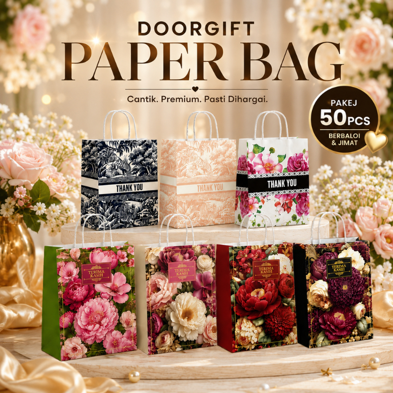 TBF Floral Love Printed Thank You Paper Bag Thick Material, Goodies Bag, Doogift Bag, Wedding Bag, Beg Goodies Kahwin