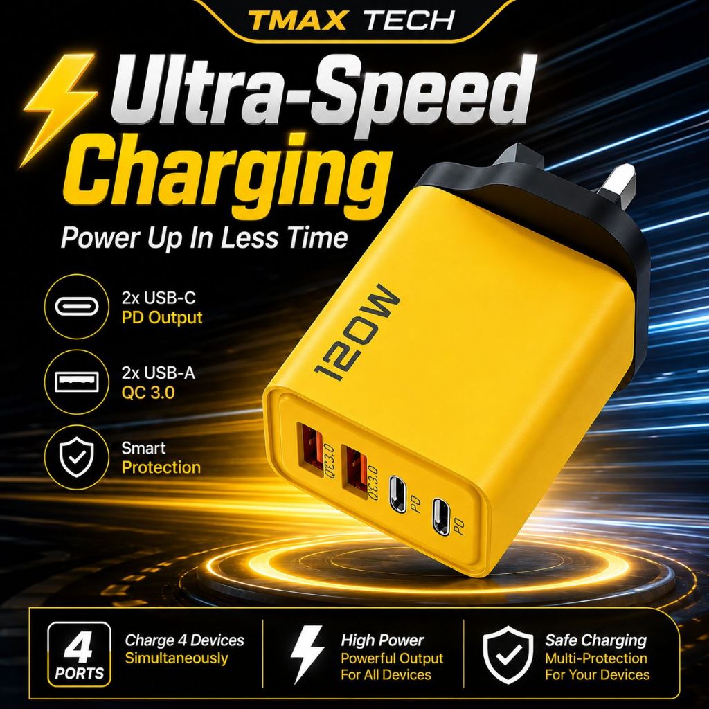 TMAX TECH 120W Speed Up Charger PD USB C QC3.0 4 Port Wall Charger Adapter