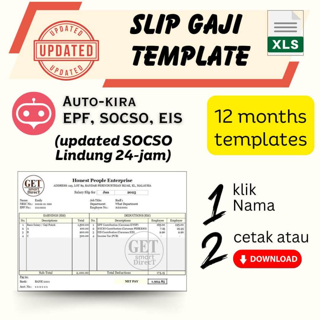 Slip Gaji Template auto-fill KWSP, PERKESO, Excel, Payroll template, Salary slip, Payslip template.