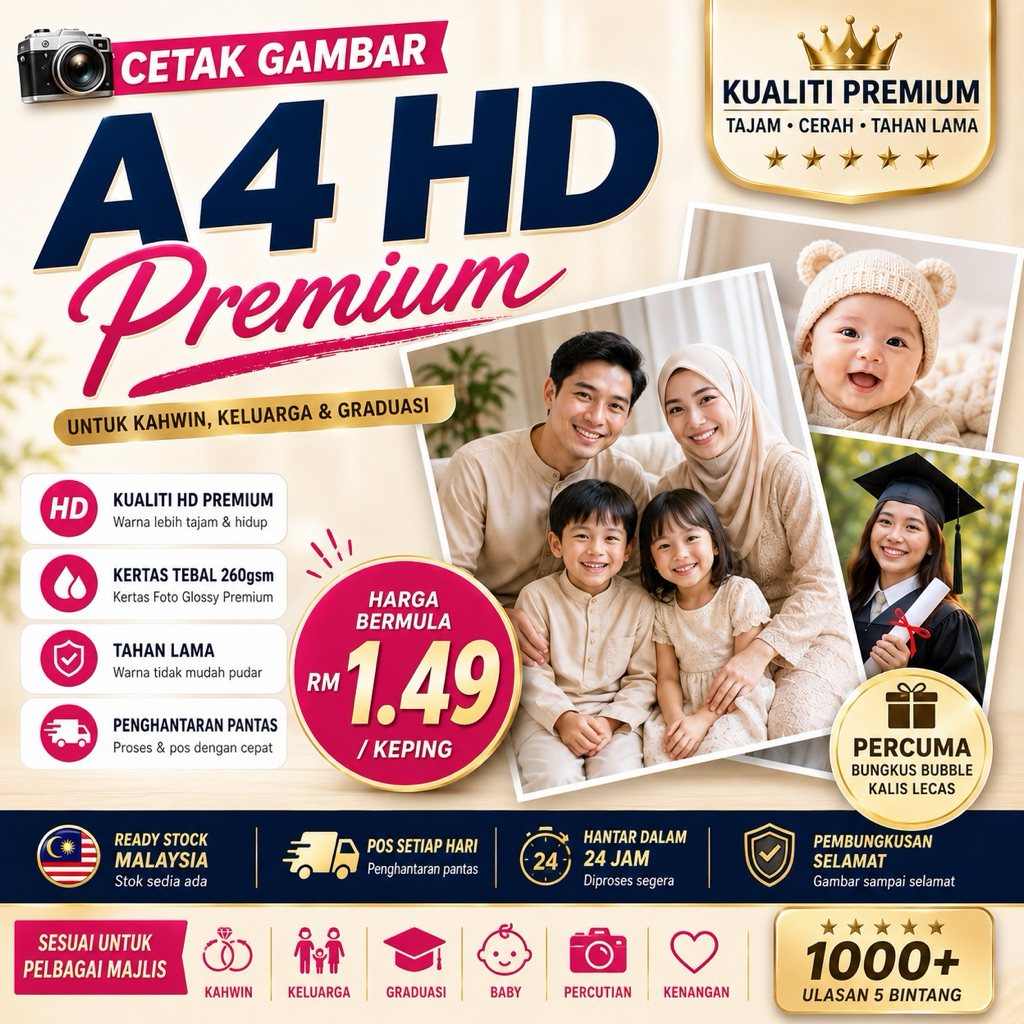 Cetak Foto Kahwin A4 HD Premium | Print Gambar , Family, Graduation | Warna Cantik & Tajam Photo Printing Malaysia