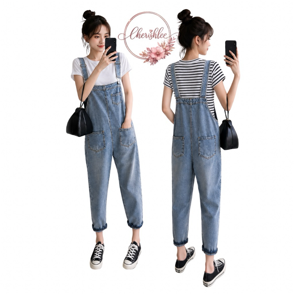 （READY STOCK）Women’s Loose Denim Jean Blue Cropped Jumpsuits网红牛仔背带裤女宽松韩版猫爪学生怪兽可爱九分裤