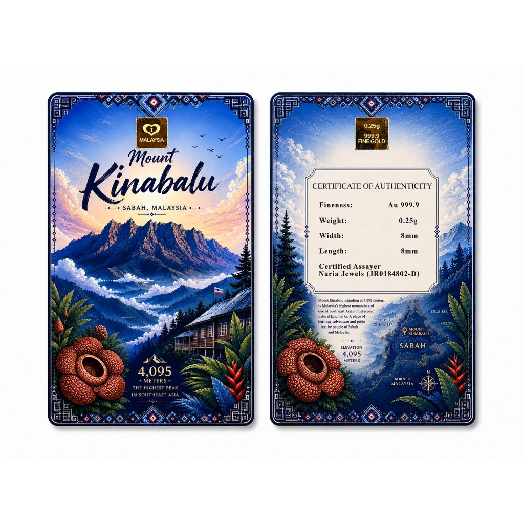 Naria 999.9/24K Gold Bar 0.25gm Gunung Kinabalu Design Edisi Malaysia Pelaburan Emas&hellip;