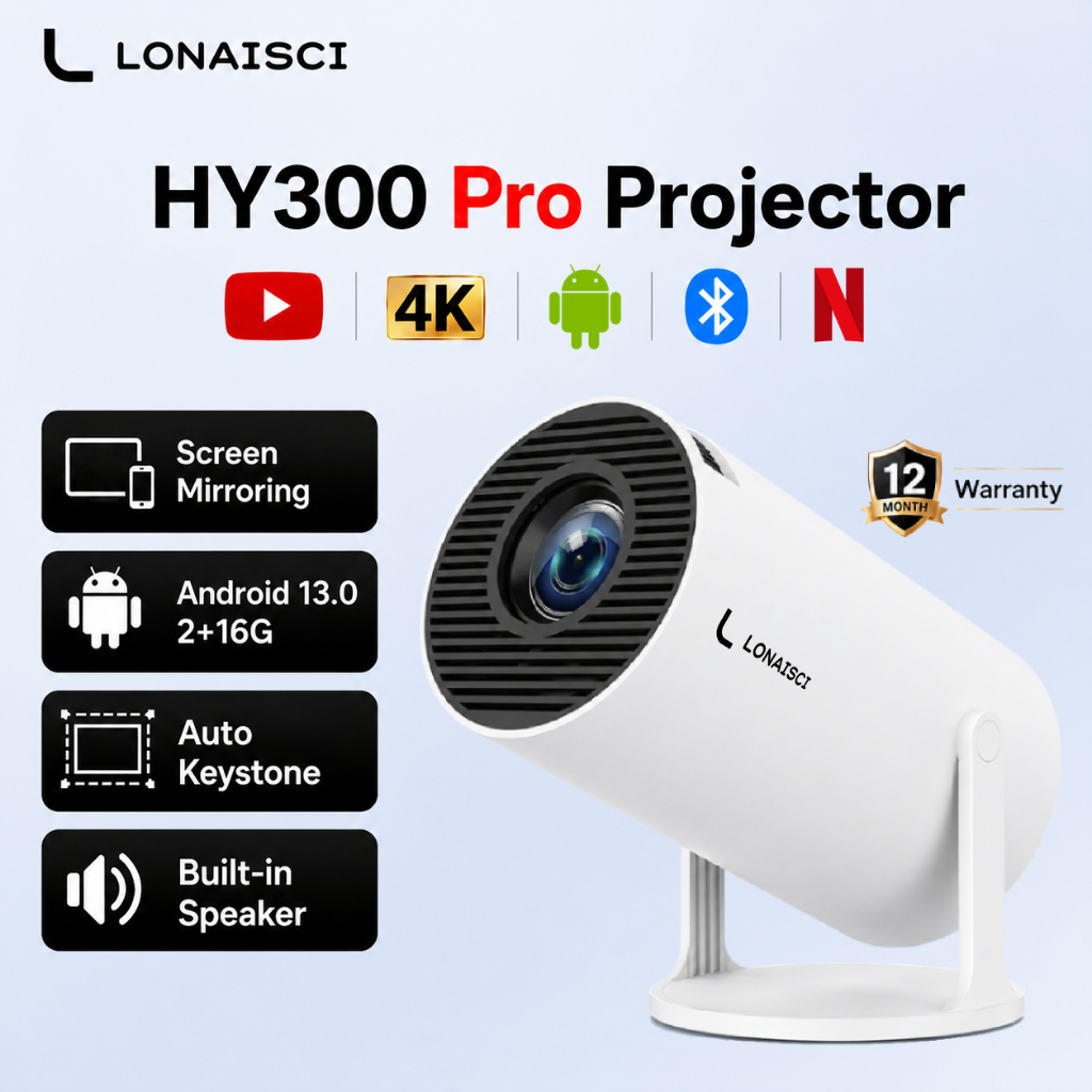 Mini Projector HY300 Pro Portable Adjustable l Android 13 Version l HD 1080P 4K WiFi LED Projectors for Home Theater