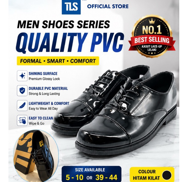 TLS Black PVC Formal Shoes Kasut Potong Kilat Uniform Kadet 男装鞋