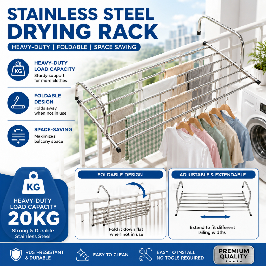 LOWEST PRICE 6 Poles Stainless Steel Extendable Foldable Towel & Clothes Drying Rack Indoor Outdoor