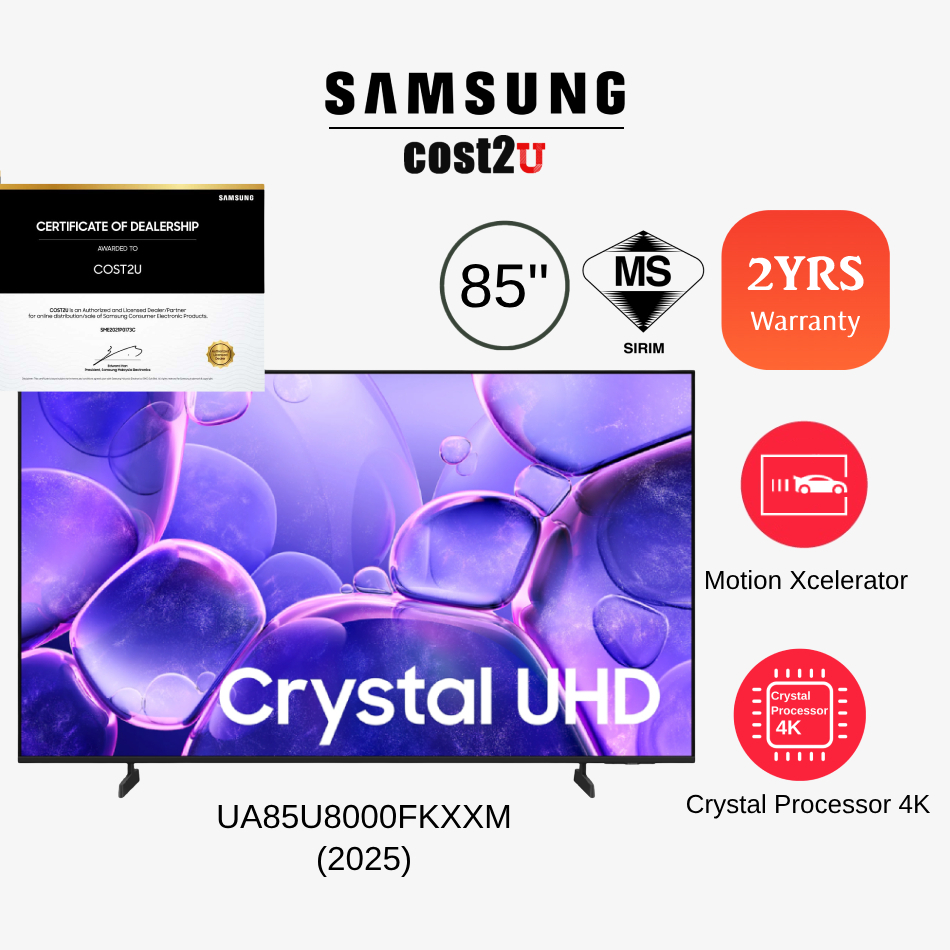 Samsung (85"/85 Inch) DU8000 4K Dynamic Crystal UHD Smart AI TV UA85U8000FKXXM Television 电视机