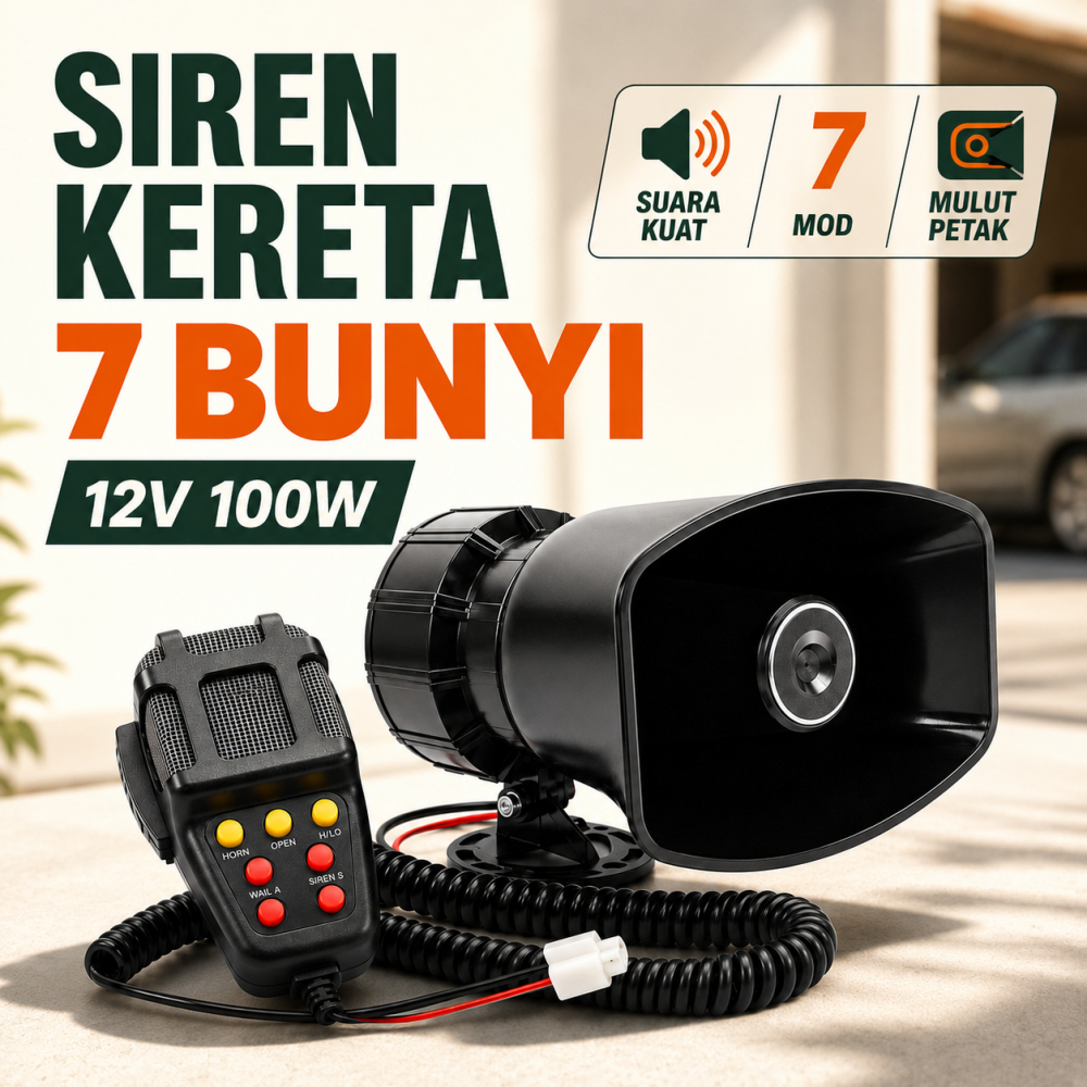 Hon Siren Amaran Kereta Ship Segera 12V 100W 7 Mod Bunyi Mulut Petak Speaker Kuat Untuk Kereta Lori Van