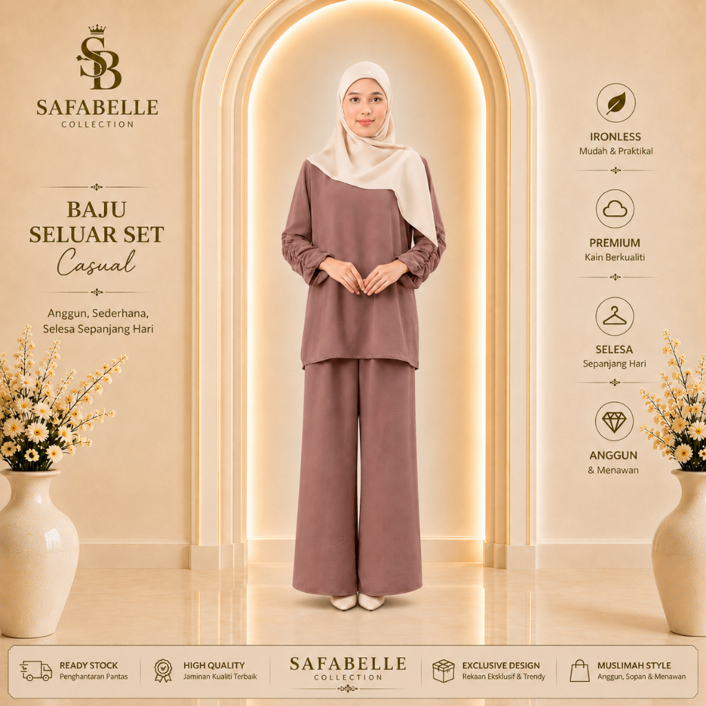 SET CASUAL NEW BAJU + SELUAR LOOSE CUTTING CEY CREPE. NEW LOOSE CUTTING WOMEN CASUAL DRESS.