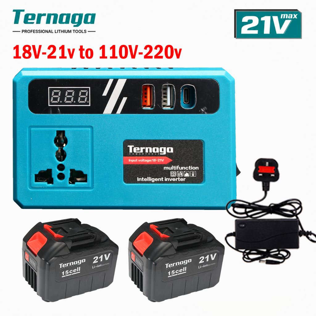 Ternaga Portable Power Inverter 18V-21v to 110V-220v Converter With 4 in1 USB AC Outlet and Type-C Fast Charging