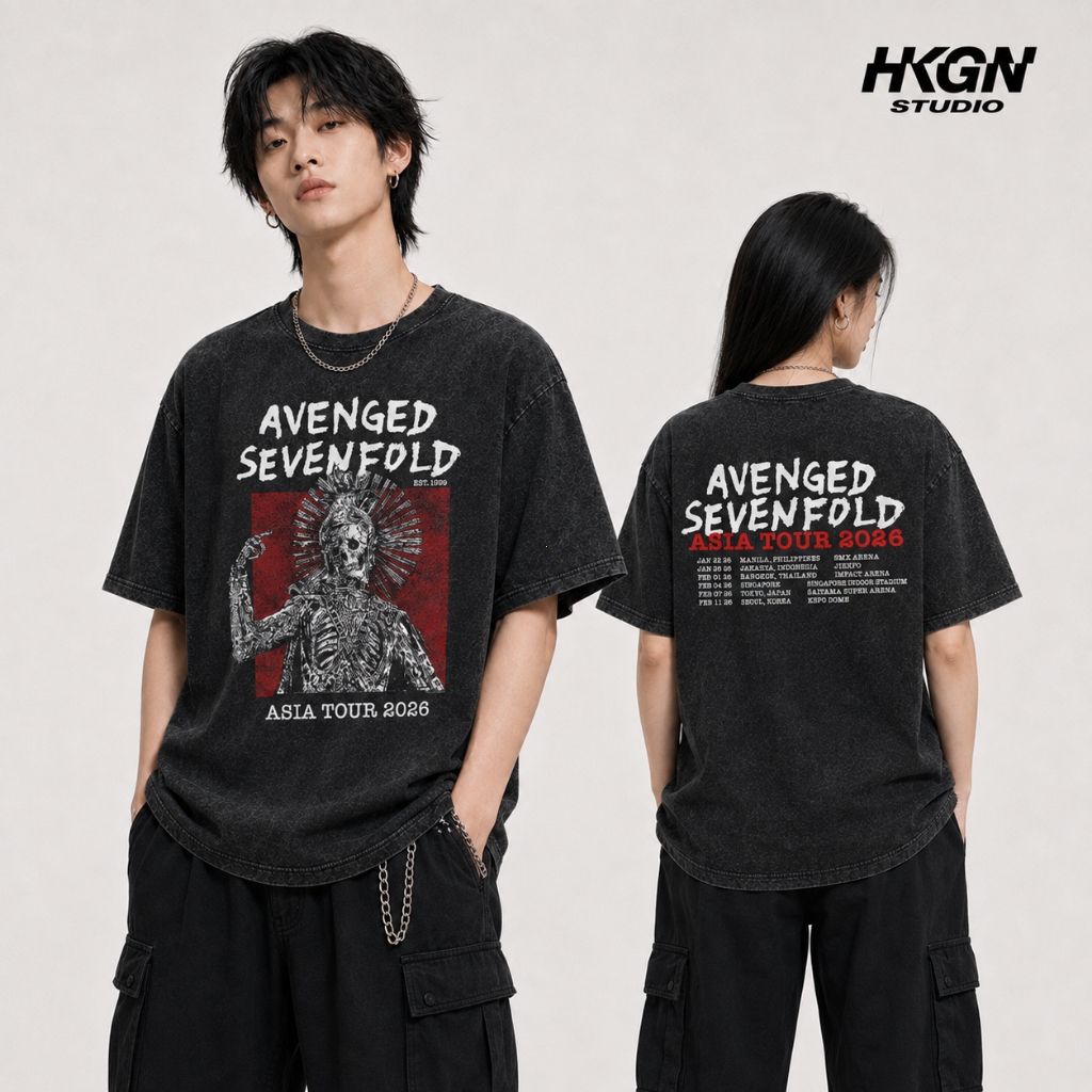 HKGN t shirt lelaki A7X Avenged Sevenfold unisex Asia Tour 2026 graphic printing oversized round neck streetwear
