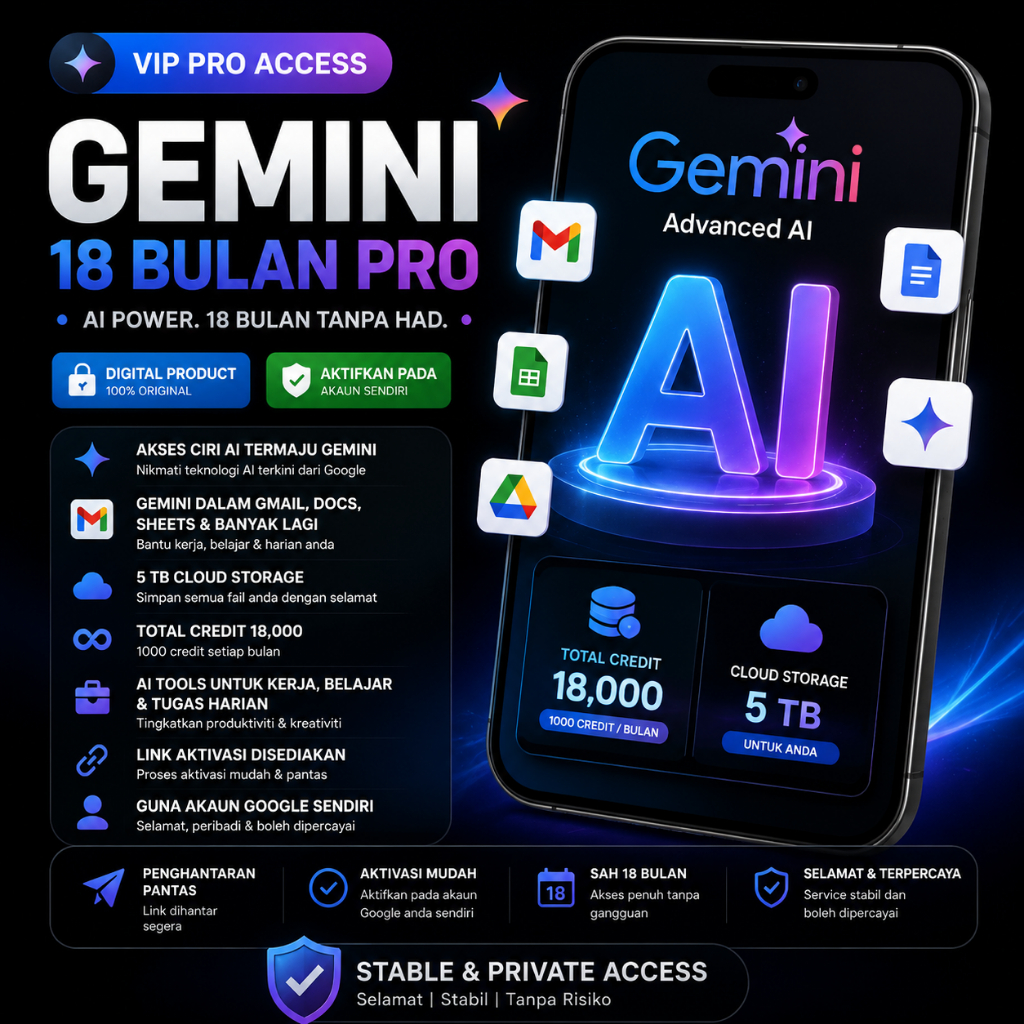 GOOGLE AI GEMINI PRO 18 BULAN AKSES 18000 CREDIT | MURAH