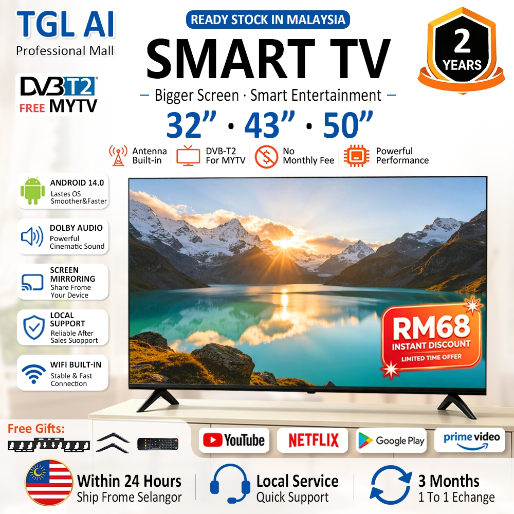 [Free Shipping] 32" 43" 50" Televisyen TGL 55 inch Smart TV DVB-T2 MYTV YouTube Netflix HDMI 4K HD LED Android Tv