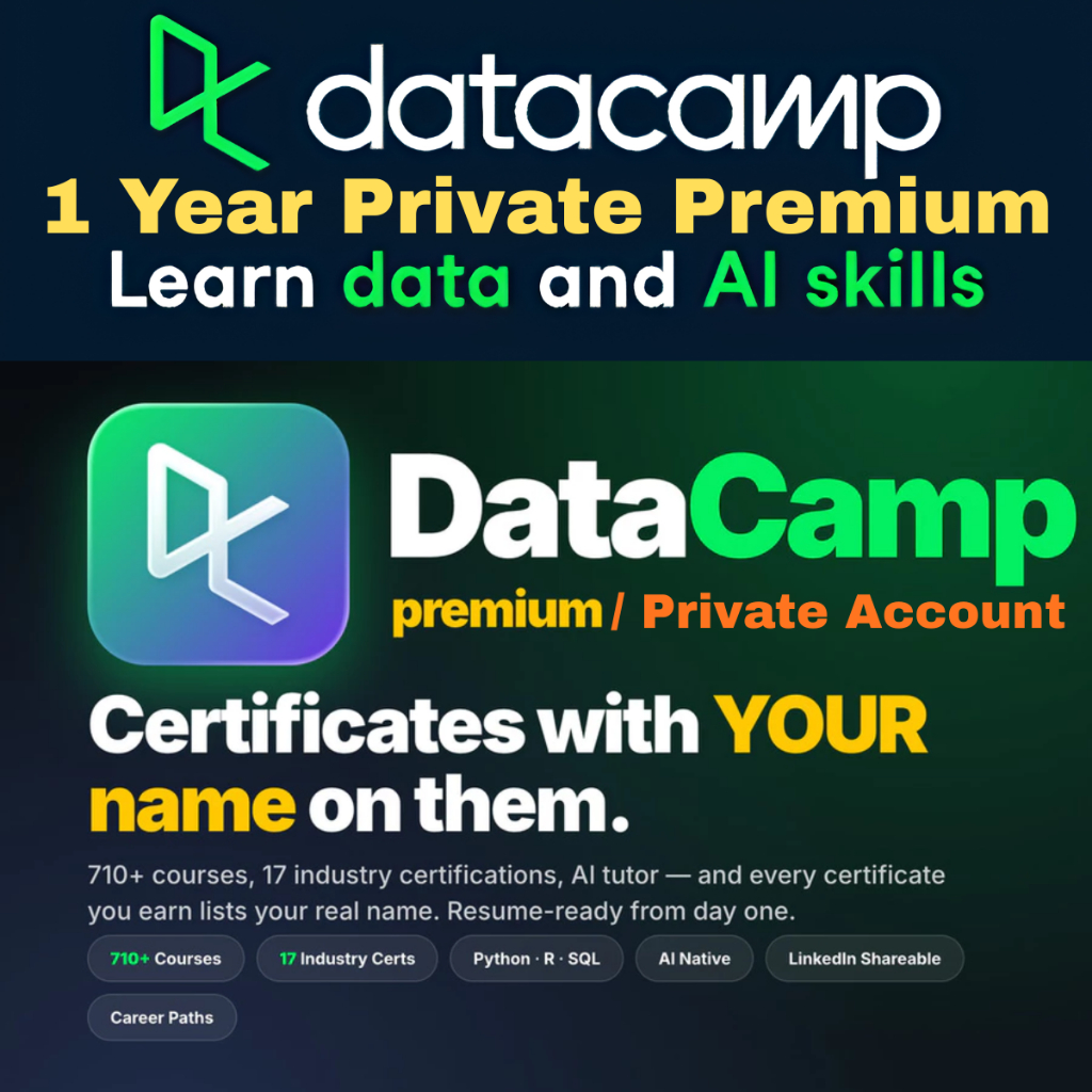 DataCamp Learn 1 Year Premium Private Account | Certificates with YOUR Name | Python · AI · Power BI | 790+ Courses