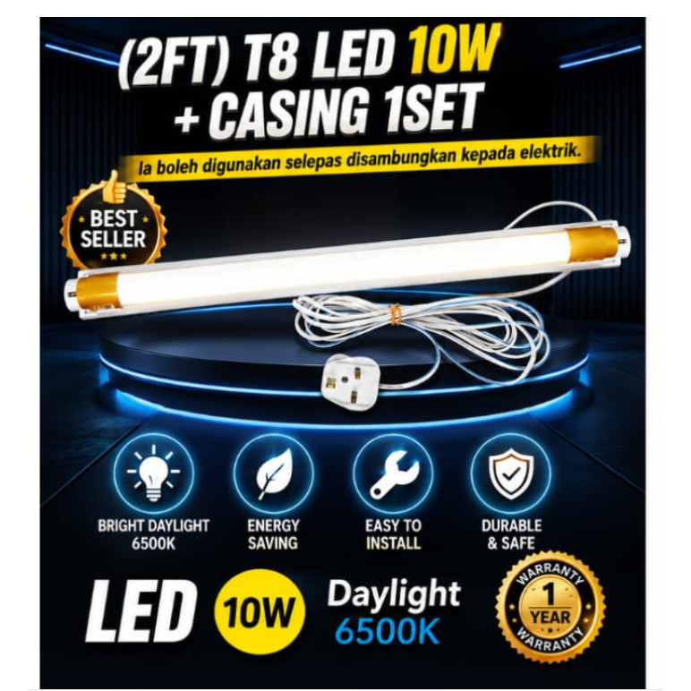 2FT LED T8 Lampu Pasang Siap Plug In Complete Set One Set 10W LED Tube + Casing + Wire + 3 Pin Plug