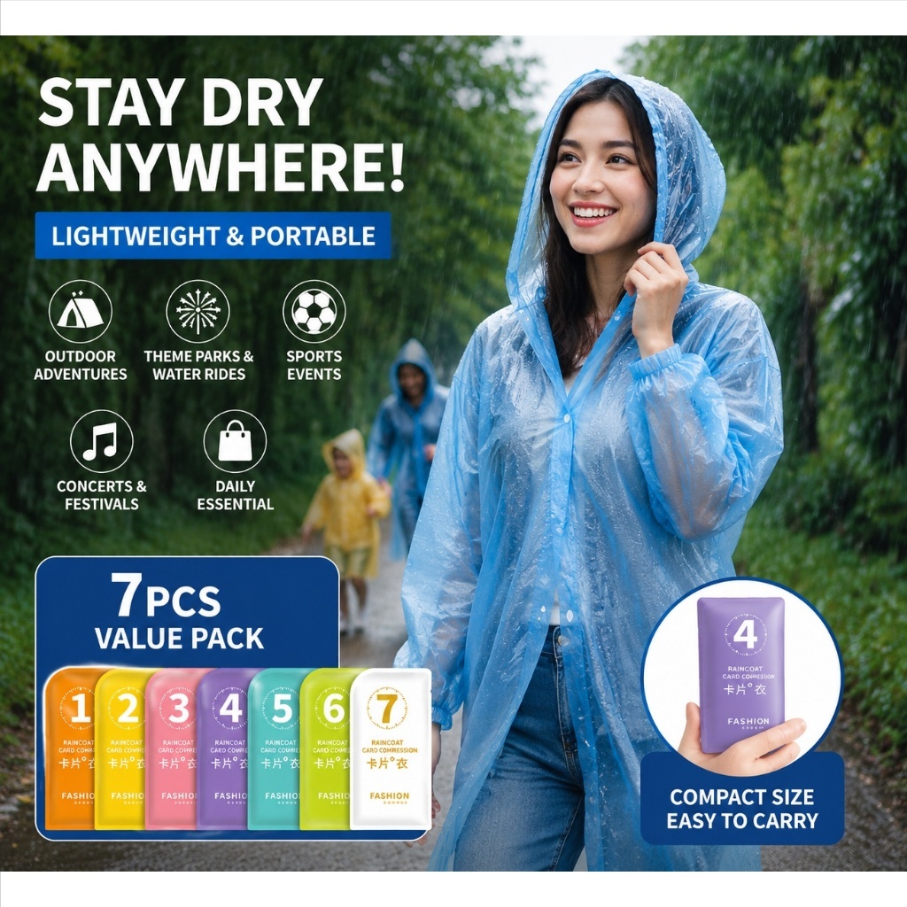 7PCS Thick Disposable Raincoat Waterproof Poncho Set | Heavy Duty Lightweight Rain Gear for Travel, Outdoor & Emergency