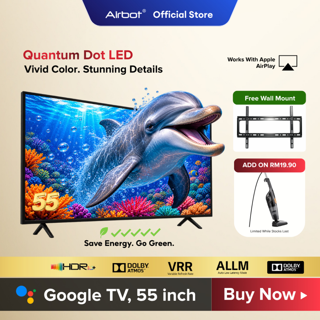 New Airbot Quantum Mini-LED/QLED | 4K 55/65 inch Google Smart AI TV Inbuilt Chromecast Dolby Atmos Audio HDR Kids Gaming