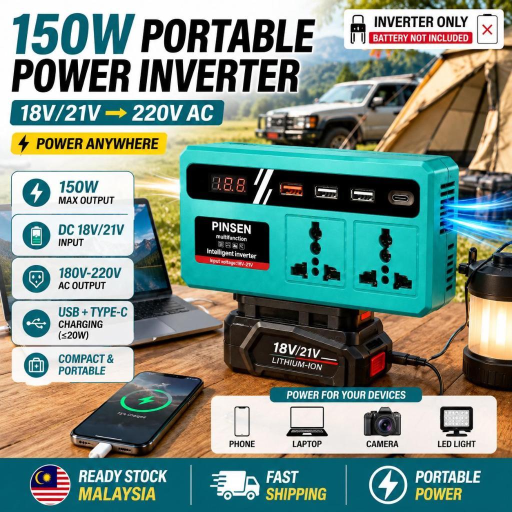 20V‑220V Battery Inverter 200W⚡Dual USB, AC Outlet & Type‑C Port, Portable Battery‑Powered Outlet Adapter Charger Kit