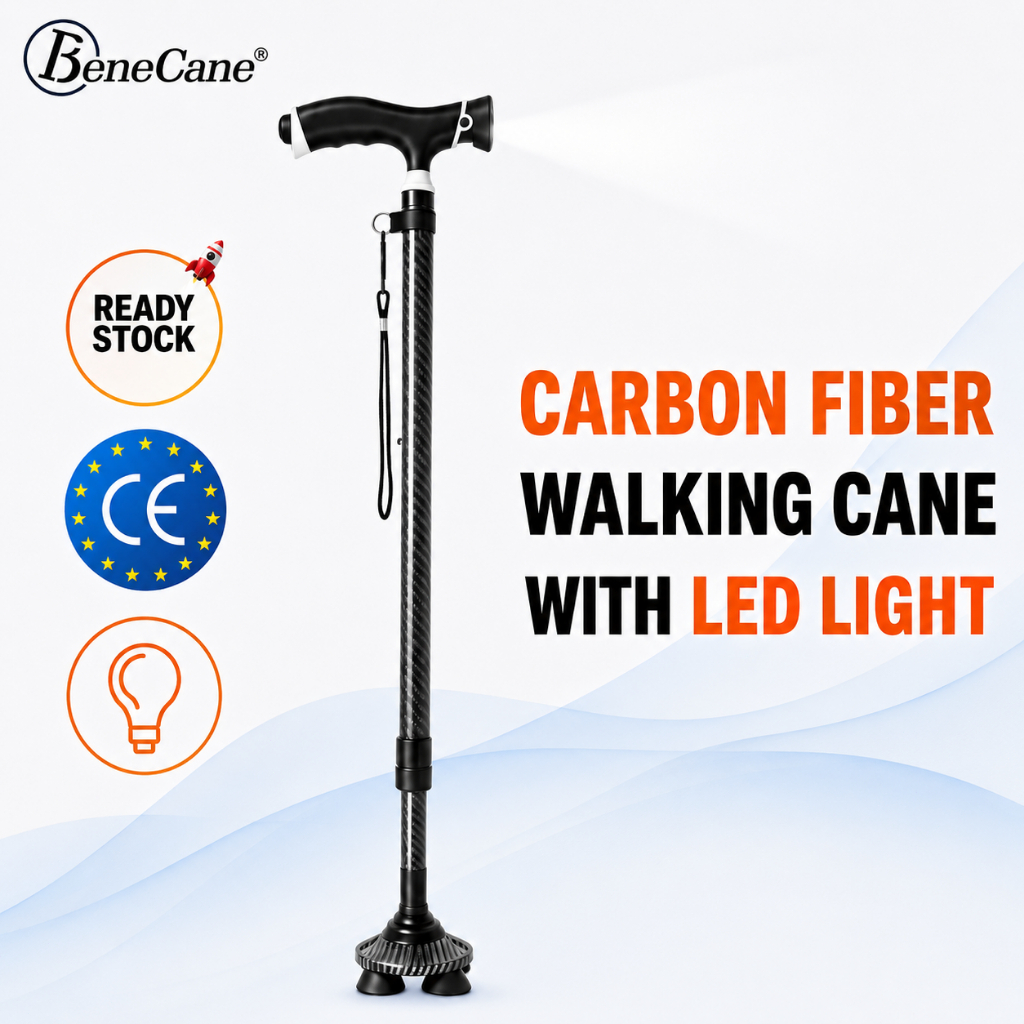 Carbon Fiber Quad Cane with LED Light UltraLight  Stable Walking Stick Tongkat For Elderly Seniors