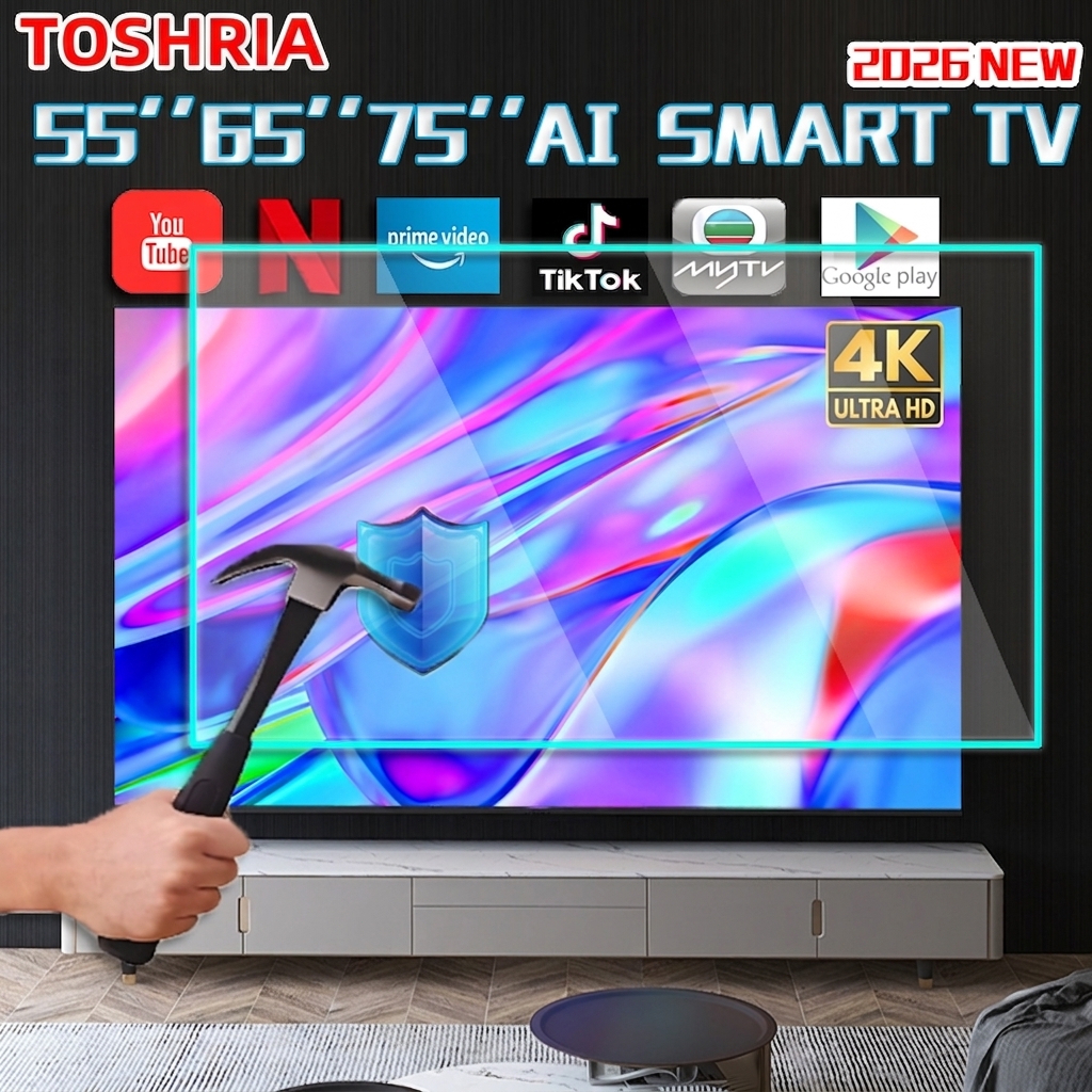 【4K】TOSHRIA 65-75 inch Ultra-Thin Borderless Smart TV | Voice Control Tempered Glass, Anti-Fall & Anti-Smash Ready Stock