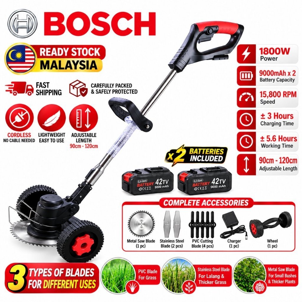 Bosch Cordless Grass Cutter Mesin Rumput Battery Potong Rumput Tanpa Wayar Garden Trimmer