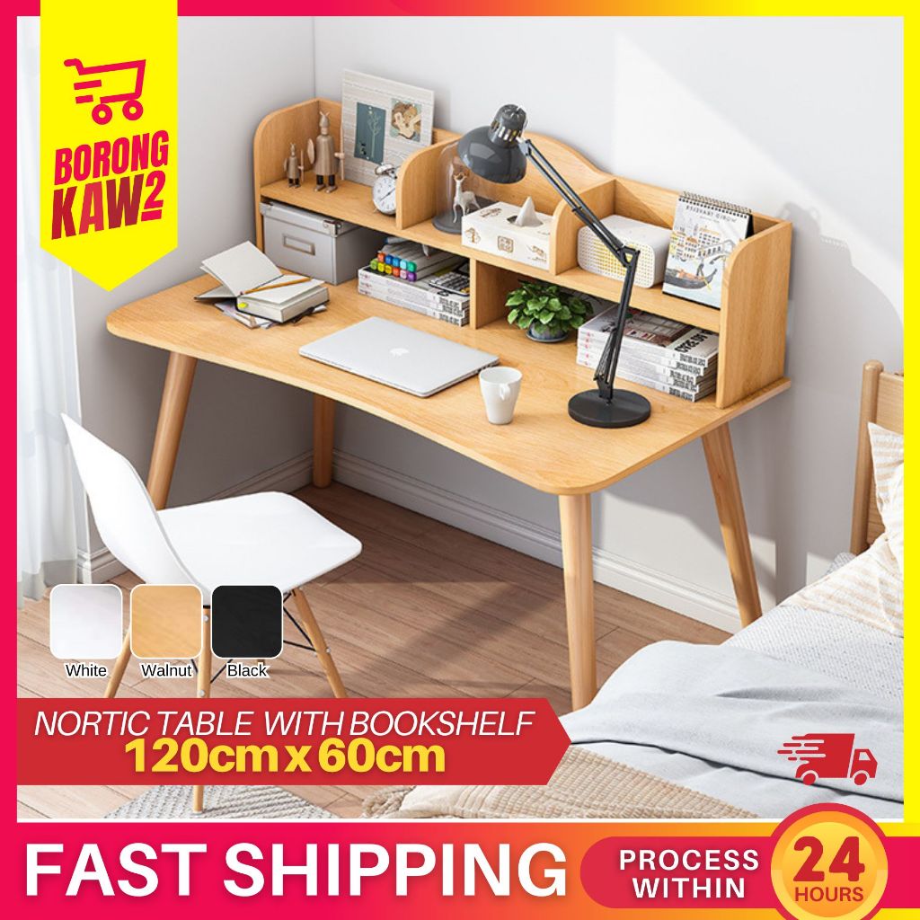 Nordic Table with Bookshelf Solid Wood Desk Writing Table simple Computer Desktop Meja + Rak Buku ( 120cm )