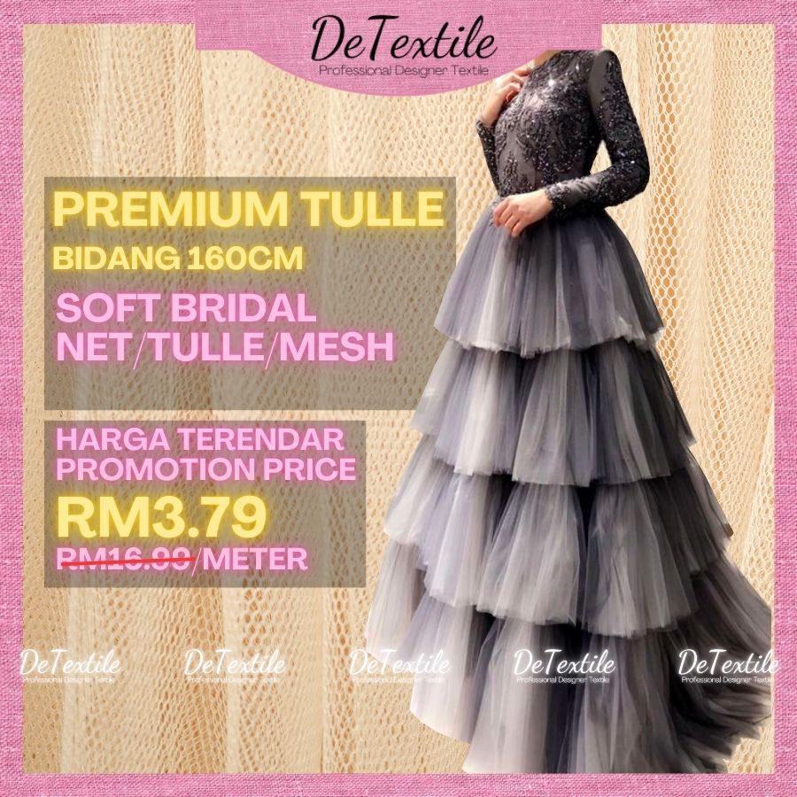 DeTextile Premium Tulle Bridal Soft Net Kain Net Lembut Murah Bidang 160cm Netting Kain Tutu Lightweight Mesh DIY dress!