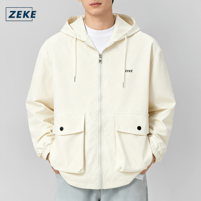 ZEKE C0039 Men's Cargo Hooded Jacket Double Pocket Plain Tops Reflective Windbreaker