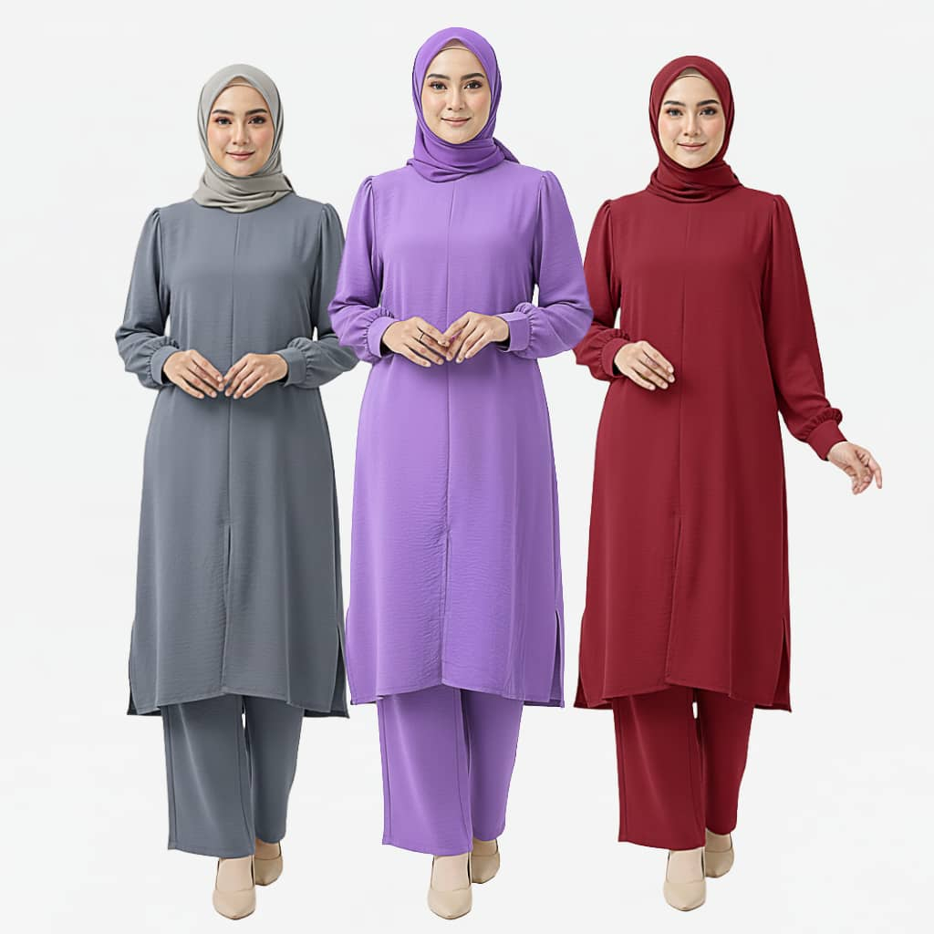 Muslimah Wanita Suite Set Baju & Saluar Long Sleeve Tanggan Ada Zip Cey Ironless