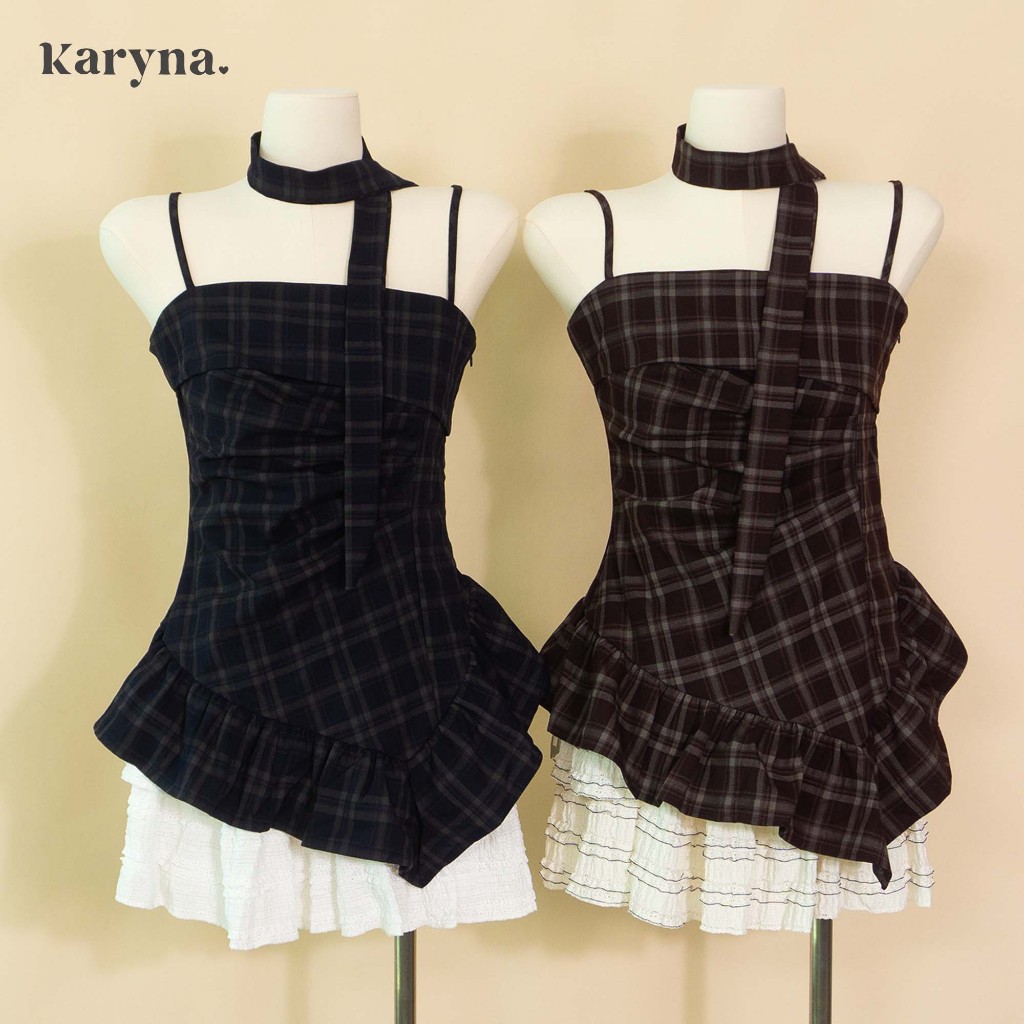 Karyna l Korean Pure Desire Plaid Cami Top– Irregular Lettuce Edge Sleeveless Slim Fit Tank for Women l 系纯欲不规则薄荷叶边格子吊带背心