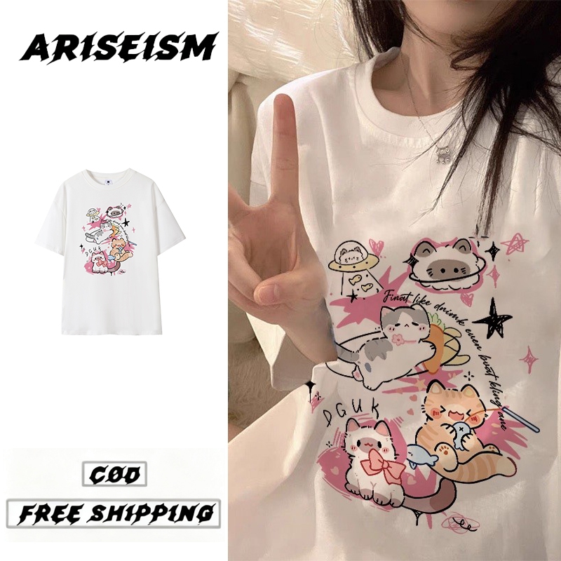 ARISEISM ????????? ? ????? Woman Korean Graffiti cat Printed Perempuan Summer Casual Loose T-shirt