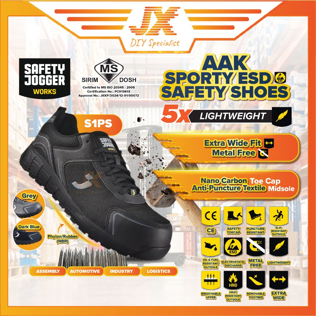 SAFETY JOGGER AAK S1P Low ESD Safety Shoes Composite Toecap Lightweight Metal Free Boot Kasut Keselamatan Blue Grey 安全鞋