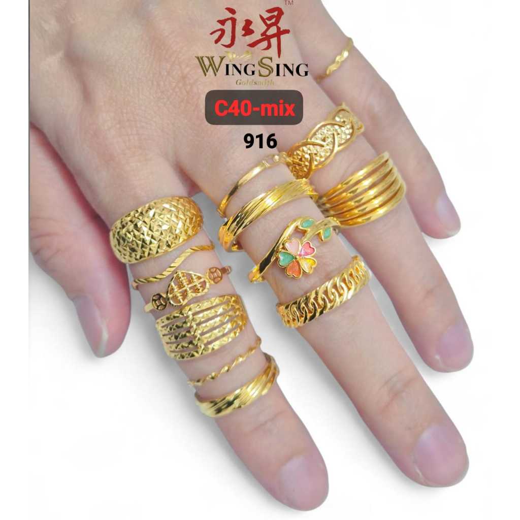 Wing Sing 5G Cincin Mix Variety Design Emas Tulen 916 / 5D 916 Gold Variety Design Fashion Ring