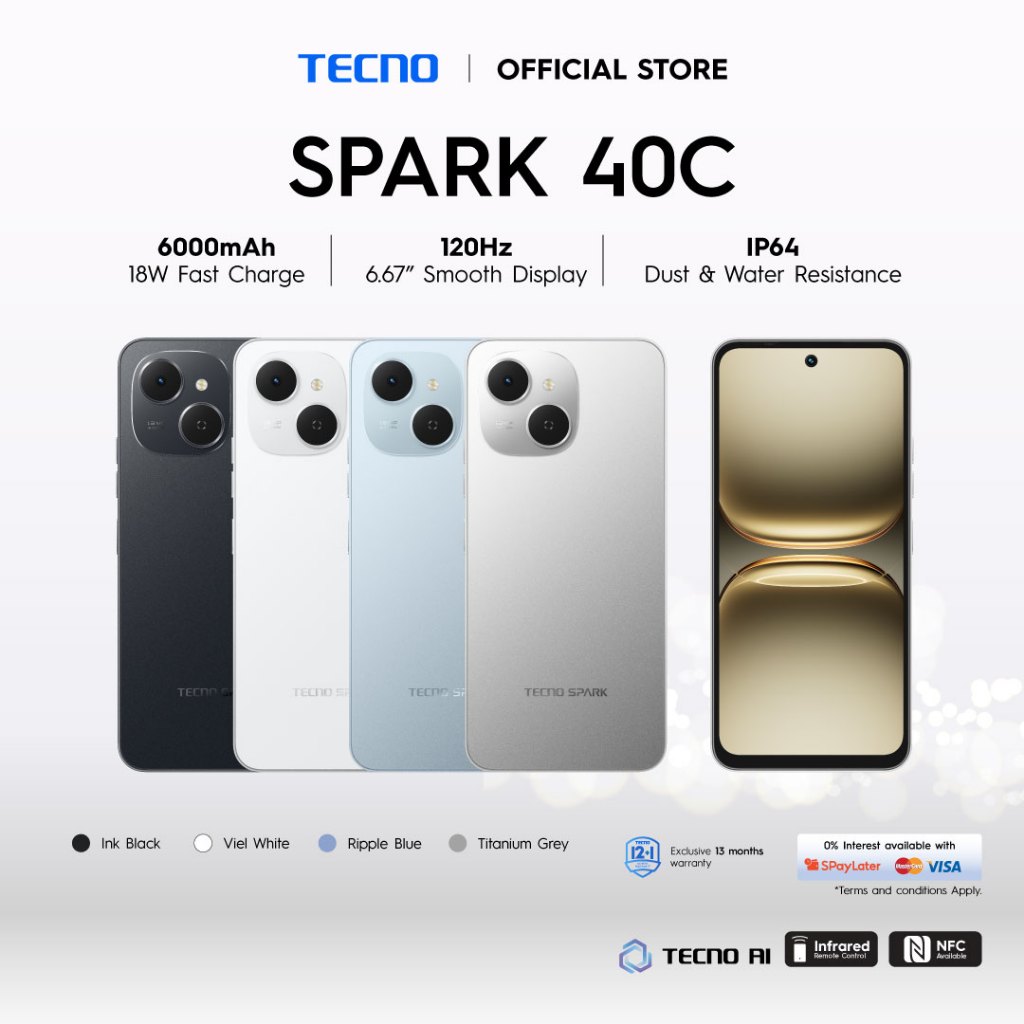 TECNO Spark 40C Smartphone (8GB*/16GB* RAM + 128GB/256GB ROM) 120hz IP64/ 6.67" Display/6000mAh Big Battery