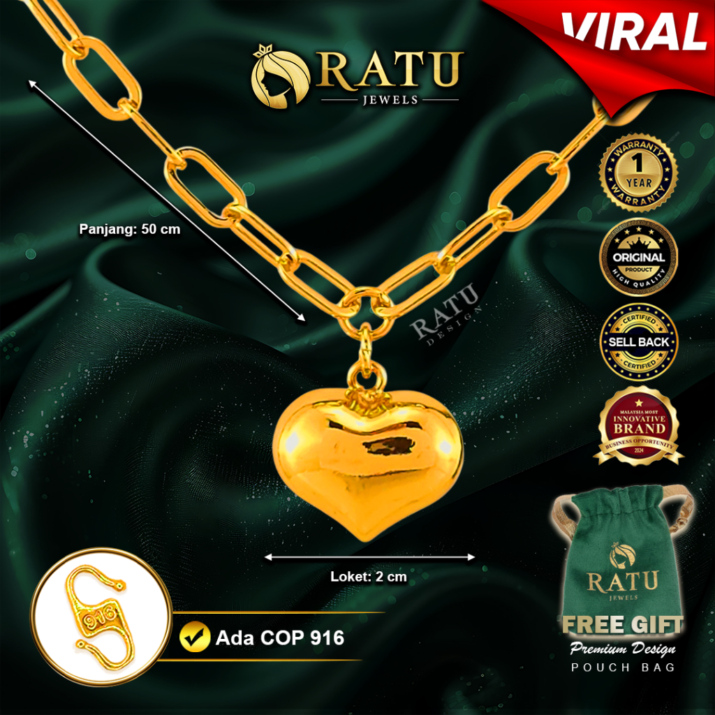 Rantai Leher (17.59g) Emas RATU Paper Clip Love 50cm Daily Wear Plated Necklaces Jewelry (28RJ)