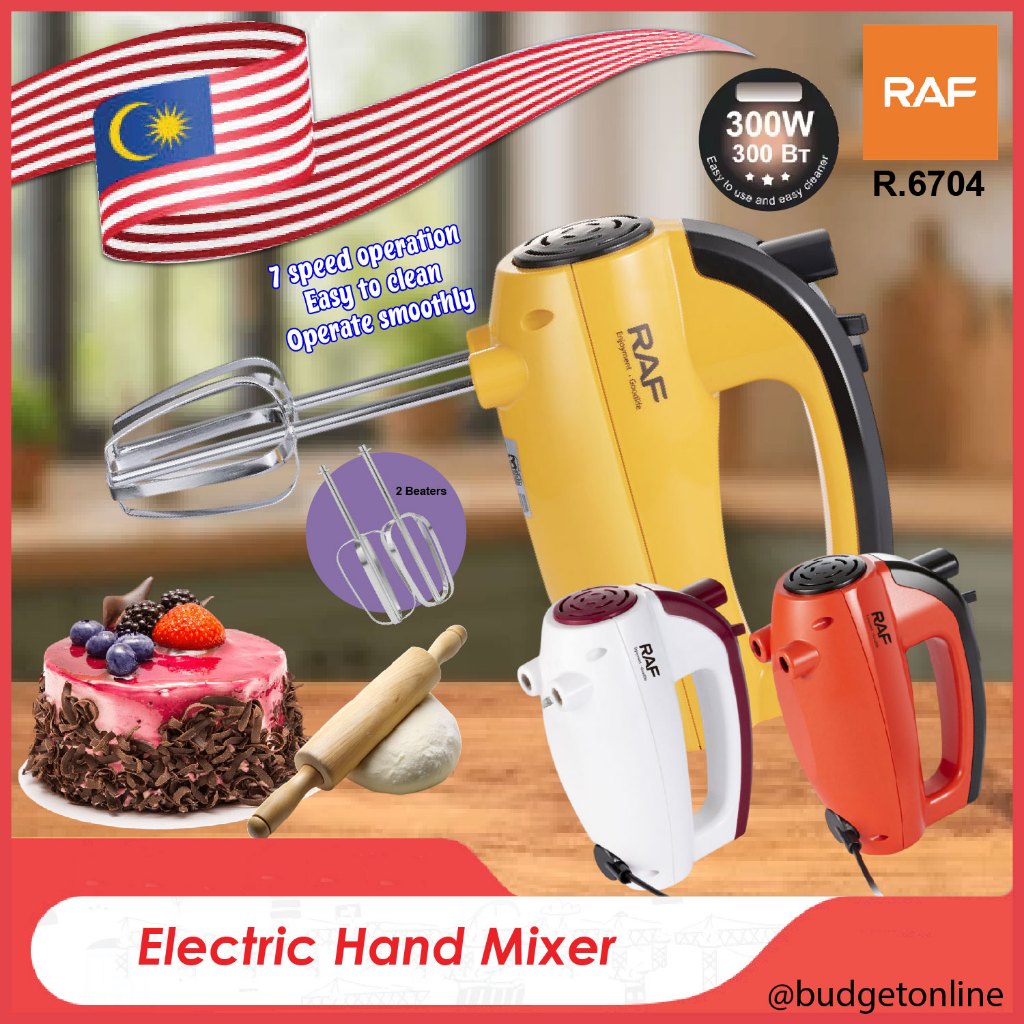 RAF R.6704 300W Hand Mixer Electric 7 Speed Baking Mixer with Beaters & Dough Hooks /  Mesin Pengadun Tepung Elektrik