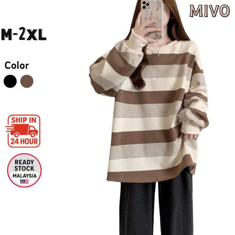 【Mivo】Women Striped Long Sleeve T Shirt Loose Fit Korean Style Vintage Casual Top Oversized Slim Look Tee for Girls