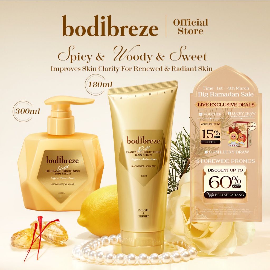 Bodibreze Edith Fragrance Brightening Body Serum 300ml/180ml | Saffron Amber Scent Woody Notes Blend Amber's Sweet