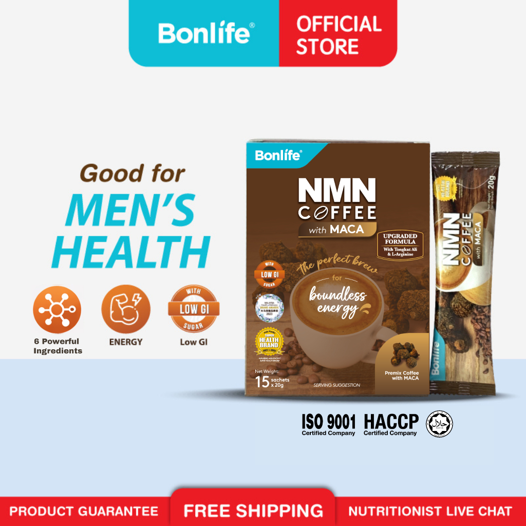 Bonlife NMN Coffee 2.0 Men Energy Stamina Booster Maca Tongkat Ali Low GI Arenga Ginseng (15s x 20g)